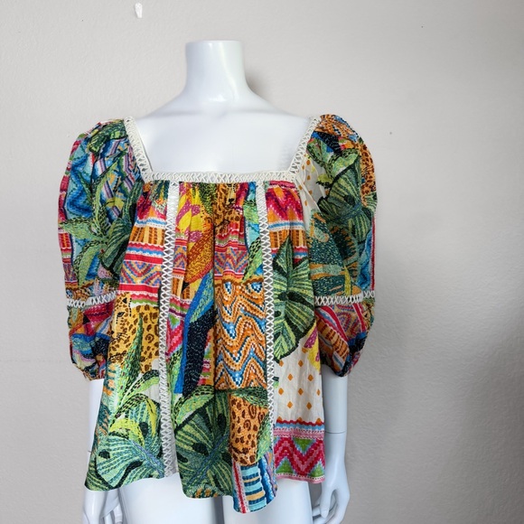Farm Rio Anthropologie Lace Inset Peasant Blouse Tropical Print Small - Picture 4 of 11